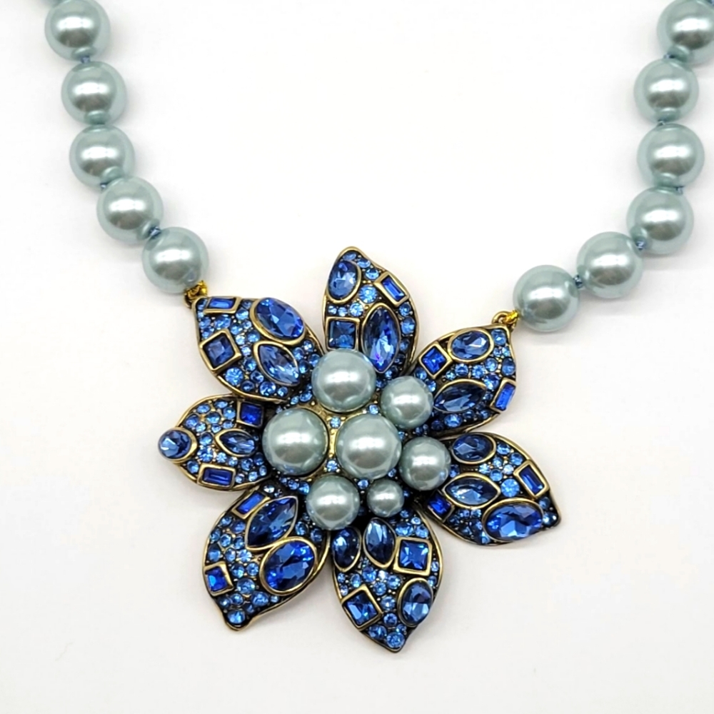 Heidi Daus Sapphire Swarovski Crystal Mosaic Flower Necklace with Blue Pearls